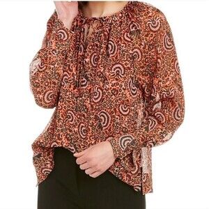 A.L.C Bryce Silk Blouse Boho Luxury All Over Print Pullover Long Sleeve Size 8